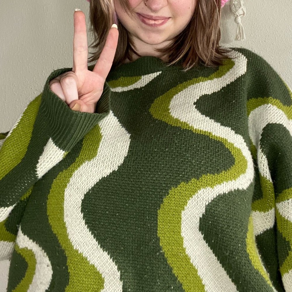 Green knit sweater - swirly and trendy
